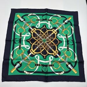 Hermès Eperon d’Or 45cm Silk Scarf Green Navy Gold France